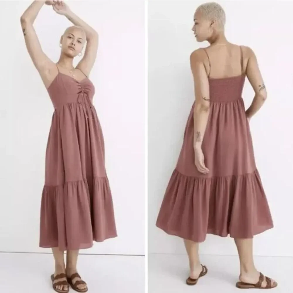 NEW Madewell Ruched Keyhole Tiered Midi Dress,‎ Vintage Quartz, 12
